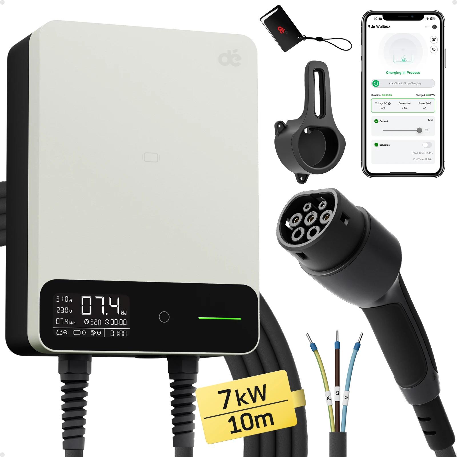 Elektroauto-Ladegerät - Typ-2-EV-Ladegerät - 7,4 kW - Einstellbar 6-32 A - Einphasig - WLAN-App-Steuerung - 10 m Kabel - Weiß