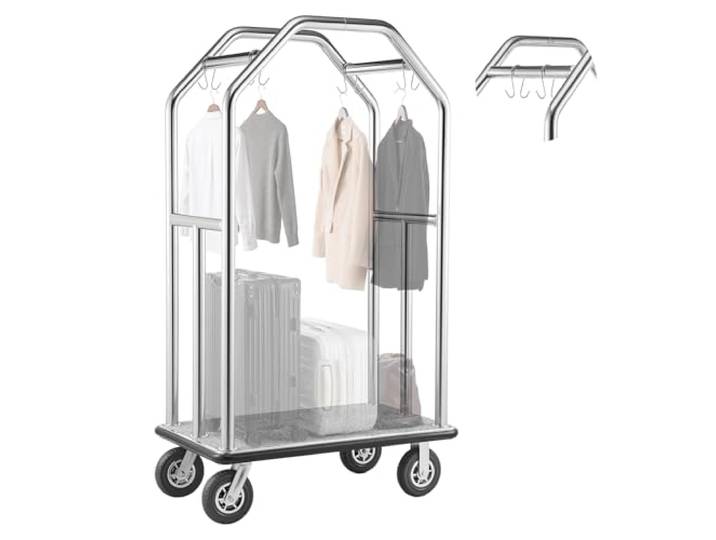 VEVOR Chariot à Bagages d'Hôtel\, Charge Max. 680\,39 kg\, Chariot Porte-Bagages avec Barres de Suspension pour Complexes Hôteliers\, Cadre INOX\, Roues en Caoutchouc 203 mm\, Plateau Moquetté Gris\, Argent