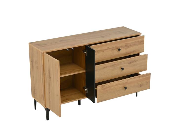Buffet en pb avec porte et 3 tiroirs noir naturel 120x35x76 cm