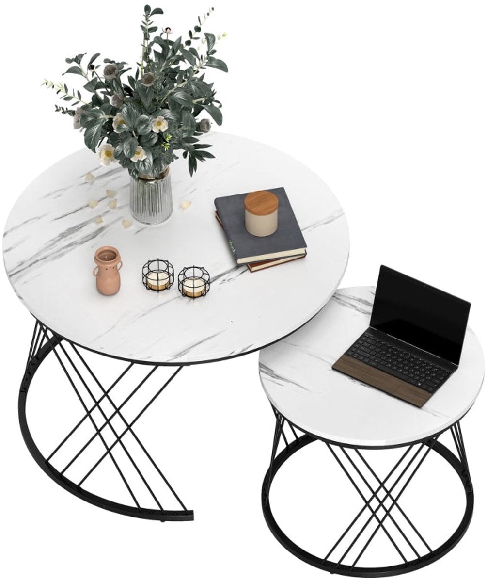 Merax Salontafel Set van 2 - Ronde Nesting Bijzettafels met Marmerlook - Wit