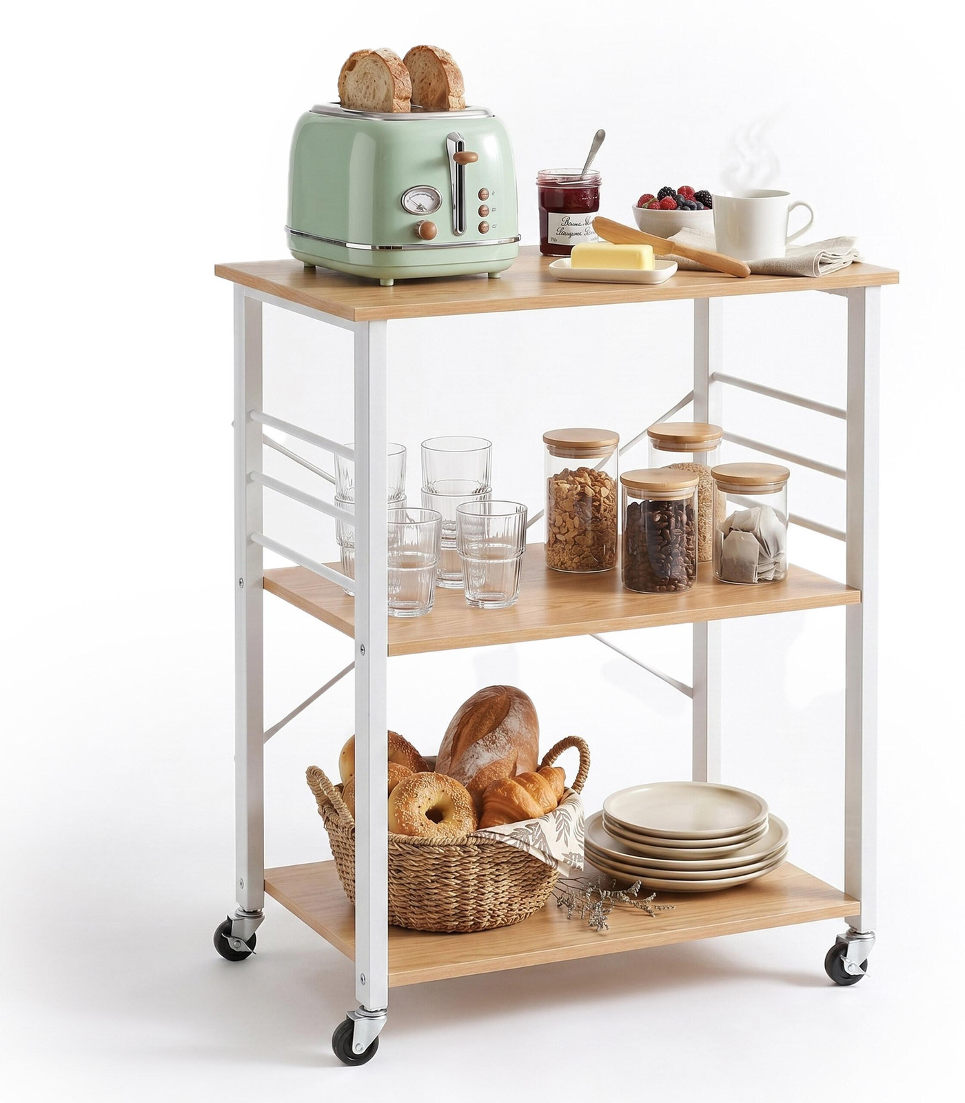 Relaxdays Keukentrolley met 4 wielen, Wit, Natuurlijk hout