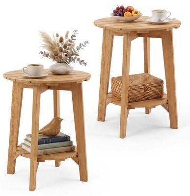 Costway Set of 2 Eucalyptus Wood Side Table 2-Tier with Slatted Tabletop and Storage Shelf for Outdoor-Natural