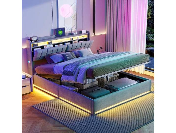 Lit Rembourré 140x200 avec Coffre Lit Rembourré Led Hydraulique Lit Coffre avec Led Lit Double avec Rangement