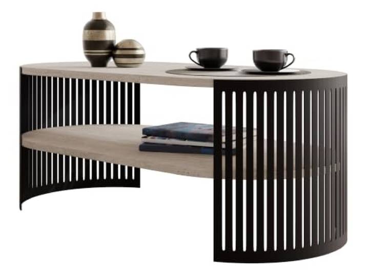Mirjan24 Couchtisch Fahugin I, ovale Form (Travertin, Schwarz) Moderner Kaffeetisch mit praktischer Ablage, stabilem Stahlgestell und viel Platz für Getränke, Bücher und Zubehör