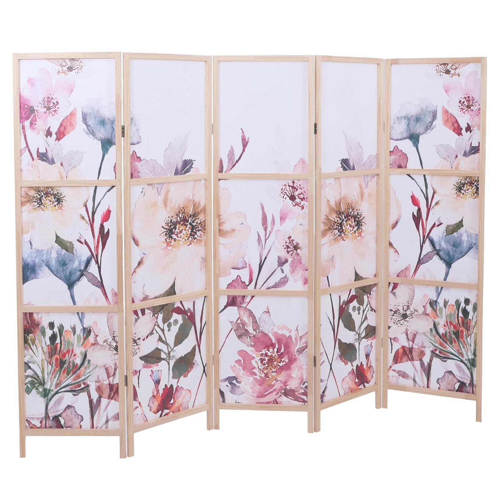 Paravent MCW-O70, Trennwand Sichtschutz Raumtrennung Naturmotive Holz MVG Polyethylen 170x227cm ~ Blumen