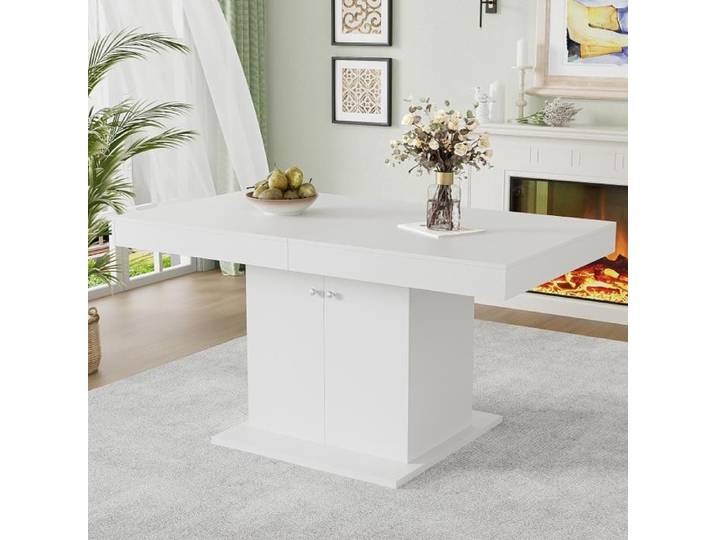 Table À Manger Rectangulaire Extensible Auto (140-180cm) - Blanc Multifonction Avec Rangement Design Décontracté & Économique