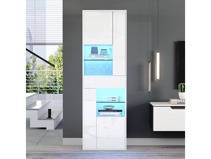 Vitrine blanc armoire haute 1 tiroir 4 placards verre éclairage LED design brillant