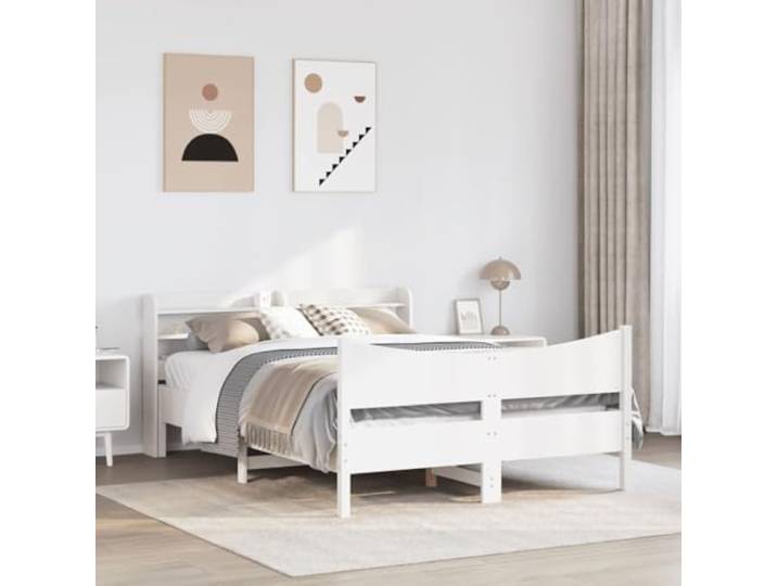 KTHLBRH Bettgestell mit Kopfteil weiß 140 x 200 cm Massivholz Kiefer Inklusive Lattenrost, 3 Einlegeböden, selbsttragendes Kopfteil, Matratze nicht im Lieferumfang enthalten