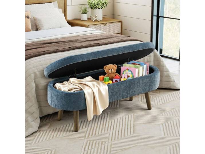 Conservation multifonctionnelle Bench Pieds en bois Tissu Chenille doux Cadre en bois massif 20L Espace de rangement Bleu