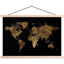 POSTER MIT MAGNETLEISTEN Weltkarte - Gold - Luxus - Erde - Schwarz Wanddeko 90x60 cm