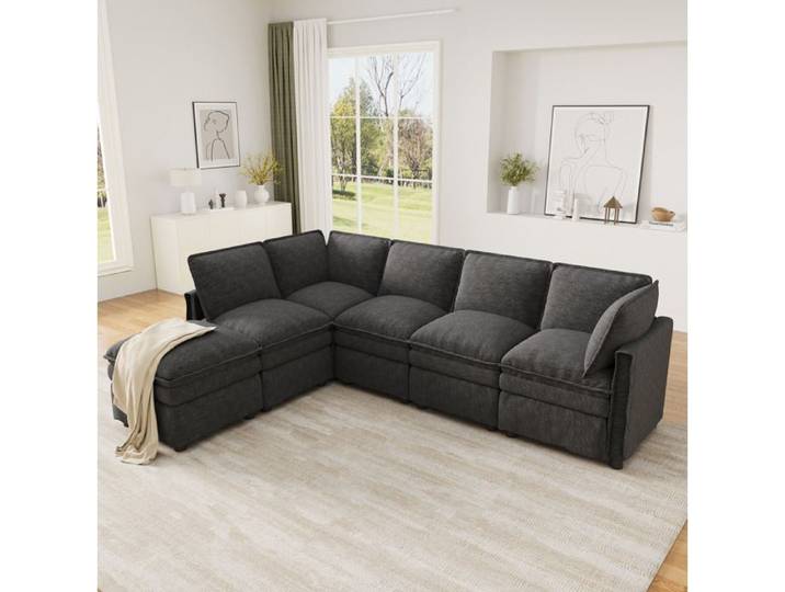 WOVREO Canapé modulable XXL 6 places avec pouf fonction couchage occasionnelle chenille grise