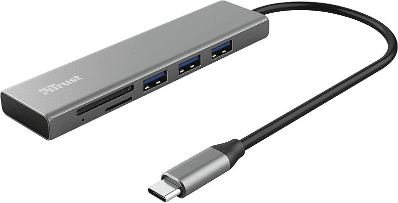 Hub - Trust Halyx, 3x USB-A, Lector de tarjetas microSD, USB-C, Multiplataforma, Plata