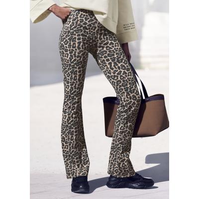 Leggings BUFFALO, Damen, Gr. 44/46, N-Gr, braun (leo bedruckt), Jersey, Obermaterial: 95% Baumwolle, 5% Elasthan, bootcut fit lang, Hosen Leggings, in Leo Print mit ausgestellten Beinen, Home-und Loungewear