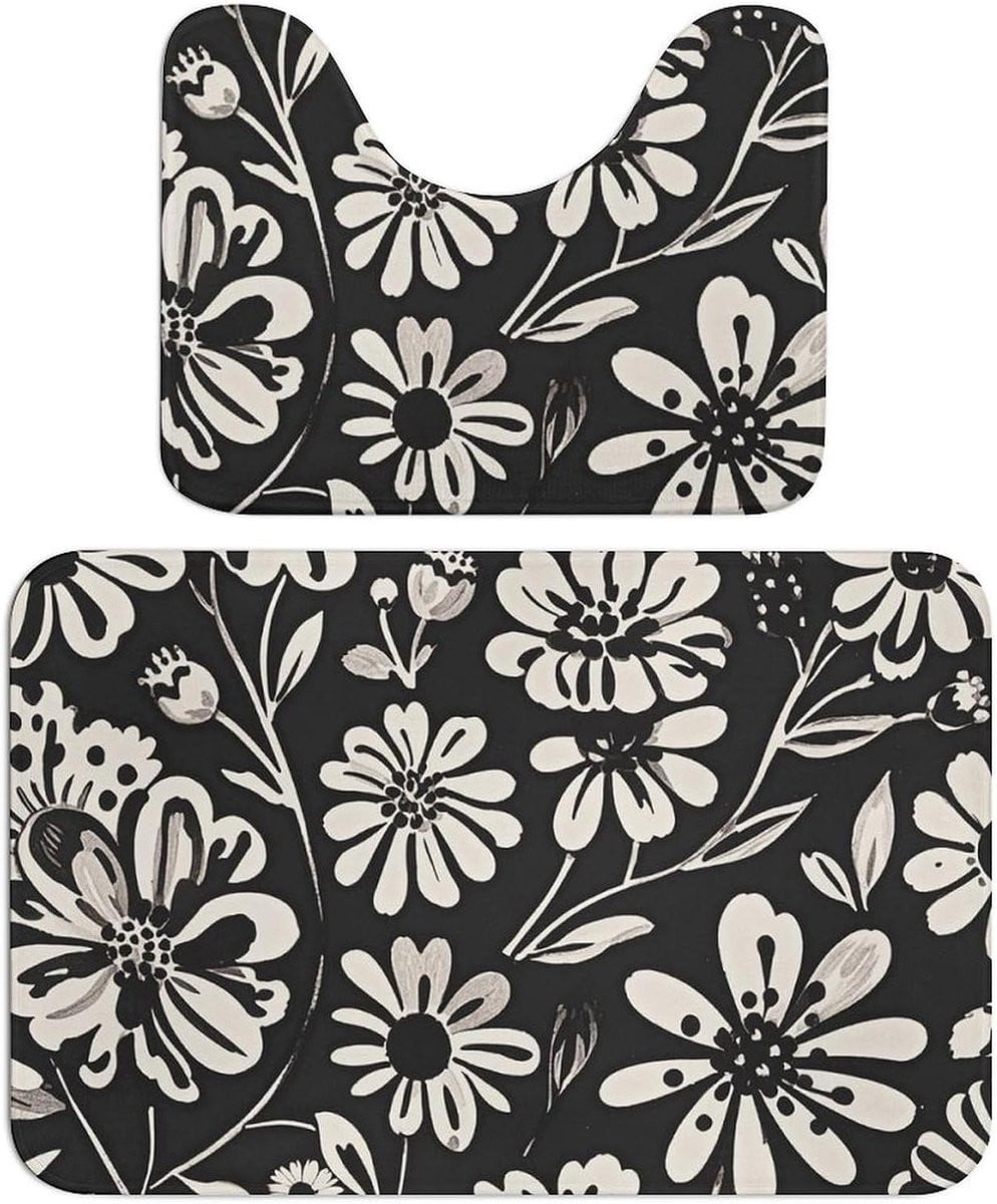 2-delige badkamertapijt set met zwart-witte bloemen van zachte microvezel