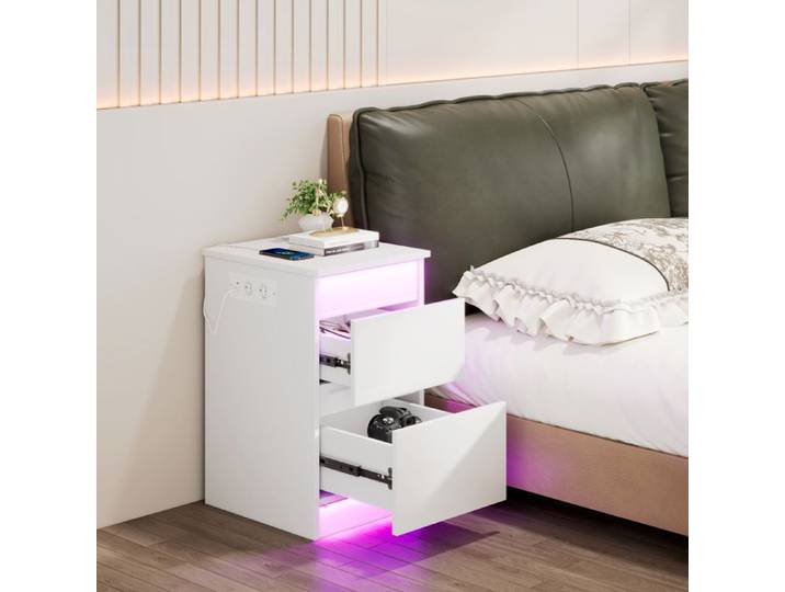 Table de Chevet 2 Tiroirs avec Plateau Rabattable - Station de Charge 2AC/2USB LED Bluetooth 35x40x60cm Blanc