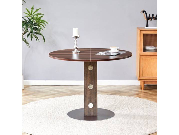 Table à manger ronde Logidon 100cm noyer miroir accents moderne