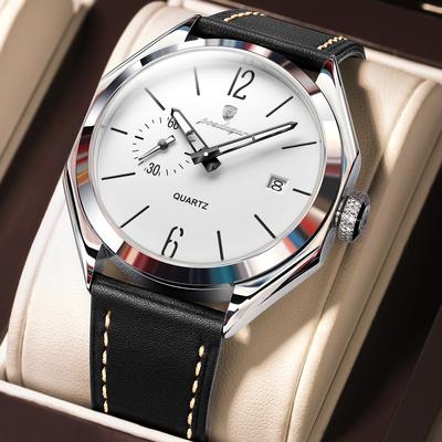 Modern Mode Marketplace Classic Leather Mens Quartz Watch Business Waterproof Sport Timepiece silver White