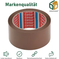 144 x Tesa Klebeband (5 cm x 66 m) braun Paketklebeband Packband leise abrollend Kleberolle