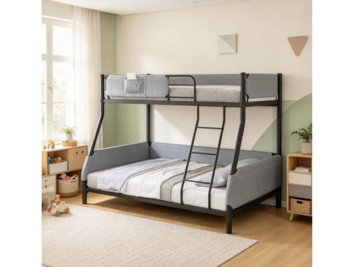 Bellemave Etagenbett Metall 90x190/140x190,Abnehmbarer Leinentasche,Schwarz Jugendbett,gepolsterte Geländer,platzsparend,mit Treppe,für Kinder und Familie,mit Lattenrost,ohne Matratze