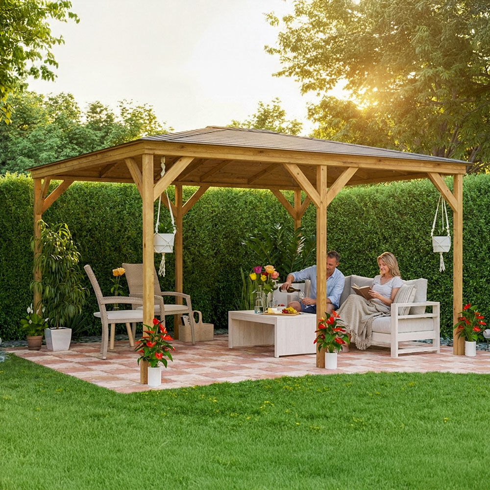 Dunster House Wooden Gazebo 4m x 3m Heavy Duty Garden Shelter, Black Shingles Included Utopia 430 Brown 378cm W X 313cm D X 243cm H