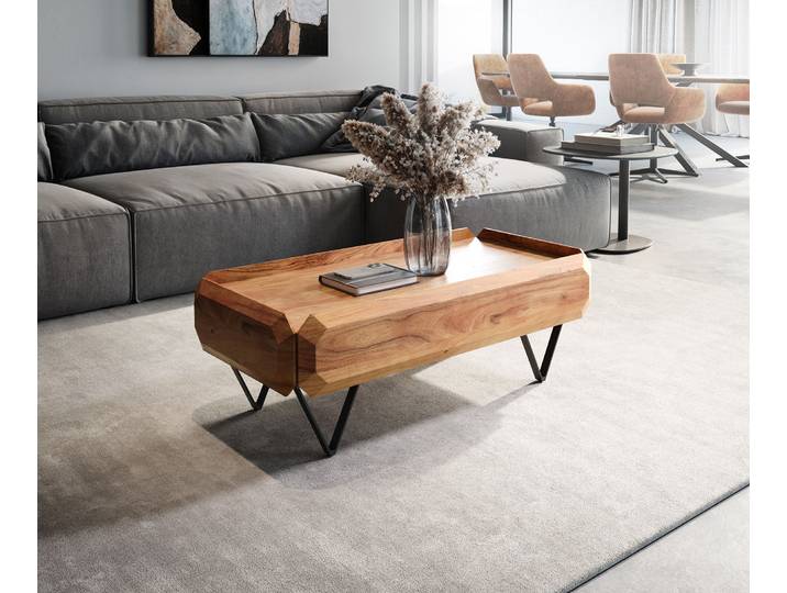 Couchtisch Kiano 100x50 cm Akazie Natur 2 Schübe V-Fuß Schwarz, Couchtische