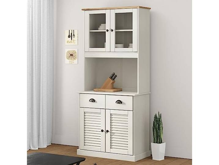 Elegantes Highboard mit Glas Türen und Schubladen aus Kiefer Massivholz bietet viel Stauraum