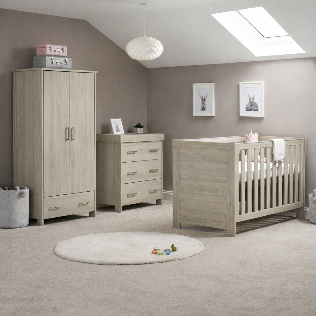 Obaby Nika Cot Bed 3-Piece Nursery Furniture Set Grey Wash 70 x 140 cm