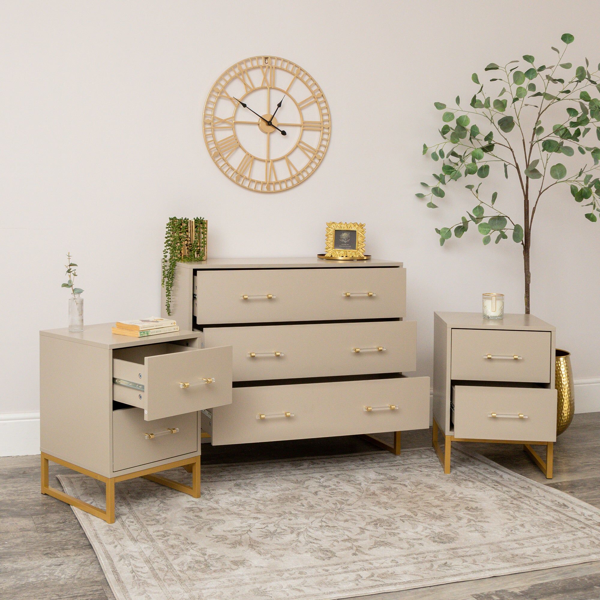 3 Drawer Chest of Drawers & Pair of Two Drawer Bedside Tables - Liana Taupe Range Coated MDF, Metal