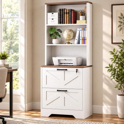 Rackcog Farmhouse Bookcase with Charging Station, Freestanding Storage File Cabinet with Lock Drawer