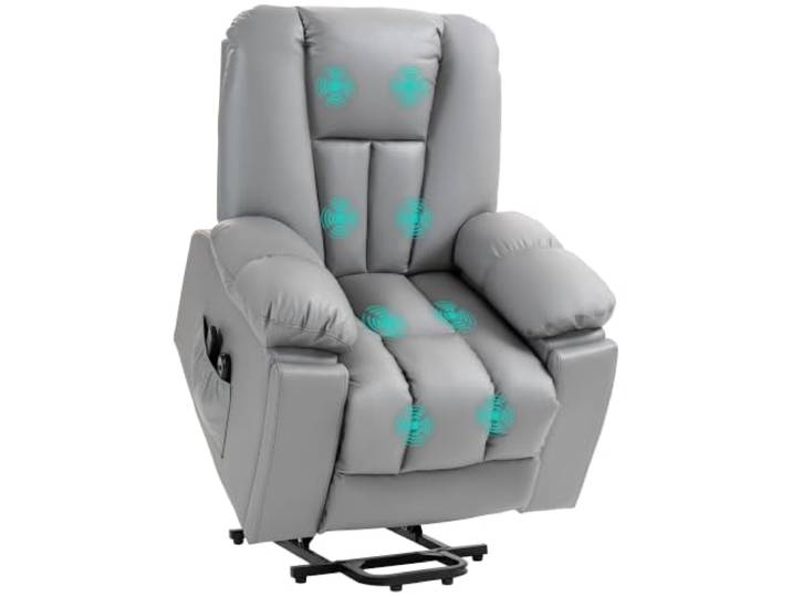HOMCOM Fernsehsessel mit Aufstehhilfe Elektrisch Fernbedienung Dunkelgrau Relaxsessel mit Liegefunktion, Vibrationsmassage, Massagesessel mit Taschenfederkern, Getränkehalter, Seitentasche