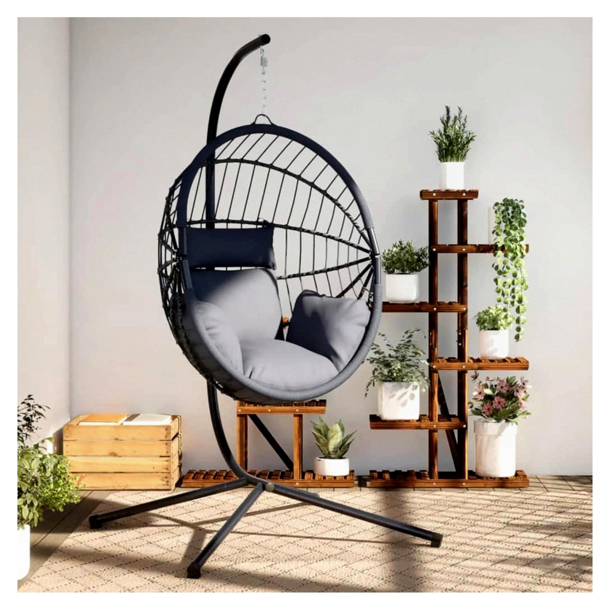 Hängesessel im Ei-Design mit Ständer in Grau aus Rattan und Stahl, Hängekorb Sessel für Outdoor und Indoor, Relax-Stuhl für Garten, Terrasse und Leseecke