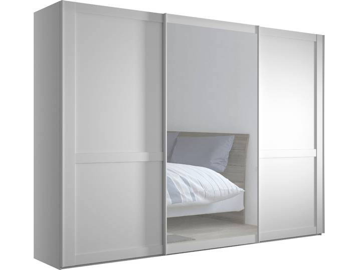 Schwebetürenschrank WIEMANN Göteborg , weiss (weiß, kristallspiegel), B:295,2cm H:220cm T:67cm, Glas, Holzwerkstoff, Schränke, Schwebetürenschrank, Querriegel und Griffleisten im Korpusfarbton, inkl. Spiegel