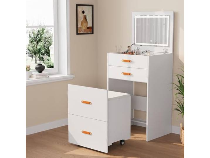 GarveeMore Schminktisch Mit Spiegel Und Hocker, 3 in 1 Kleiner Vanity Table Mit 3 Schubladen, Platzsparender Frisiertisch Dressing Table Für Schlafzimmer & Ankleidezimmer
