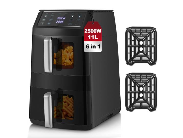 Friteuse à air TopStrong 11L à double panier, 2500W, 8 préréglages, 6 fonctions, cuisson indépendante à double zone, design compact