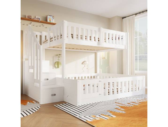 Lit superpose 90x200/140x200 cm en bois avec echelle et rangements integres blanc
