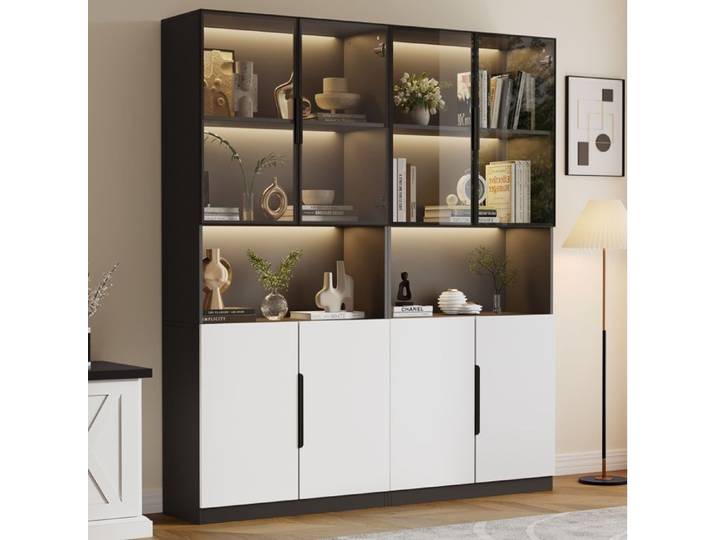 ROVRYN Vitrine LED 160 x 30 x 200 cm portes en verre rangement blanc et noir