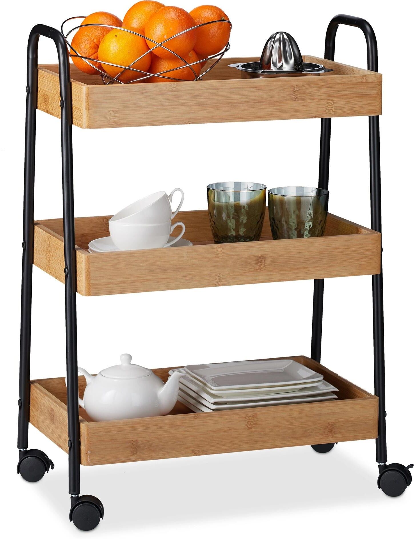 Servierwagen RELAXDAYS "70 x 49.5 x 28 cm", braun (natur, schwarz), B:49,5cm H:70cm T:28cm, Bambus, Hartfaserplatte, Stahl, Rollwagen, Servierwagen natur, schwarz B/H/T: 49,5cm x 70cm x 28cm