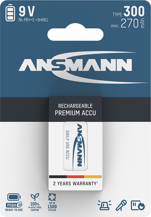 Ansmann Max-E 9V PP3 HR22 300mAh Pre-charged Rechargeable Battery   1 Pack