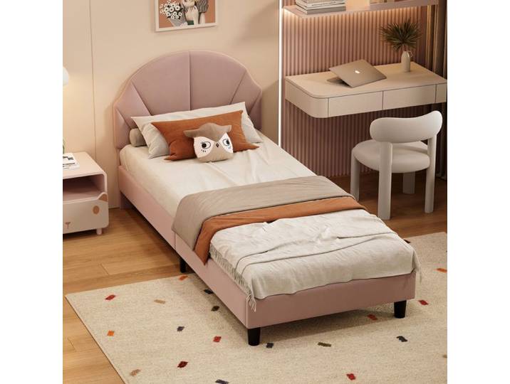 90x190 cm Lit Enfant Lit Simple LIt Pour Enfant avec Sommier à Lattes lit Princesse Lit Pour Enfant Rembourré Rose Velours