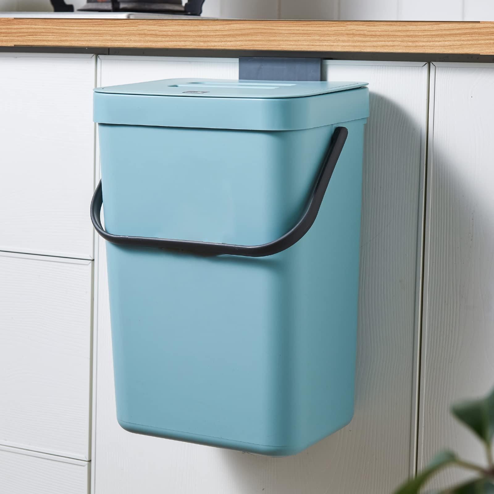 Merkloze Hangende Prullenbak met Deksel, 7 L, Kunststof, Blauw, Wandmontage voor de Keuken