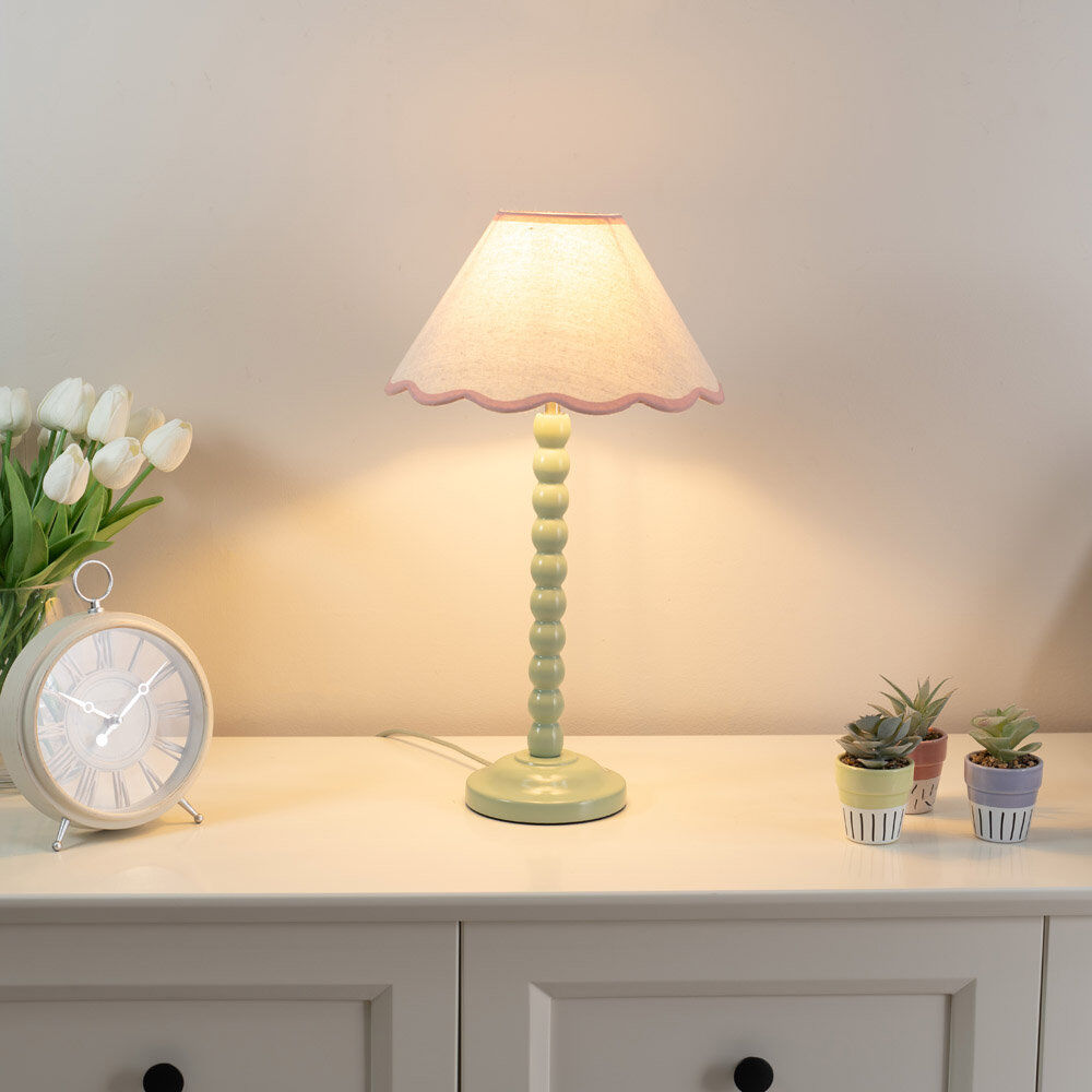 World Menagerie Nephi Bobbins Painted Table Lamp with Tapered Natural Linen Trim Scallop Shade Natural Linen with Pink Trim/Green 44cm H X 16.5cm W X 45.5cm D