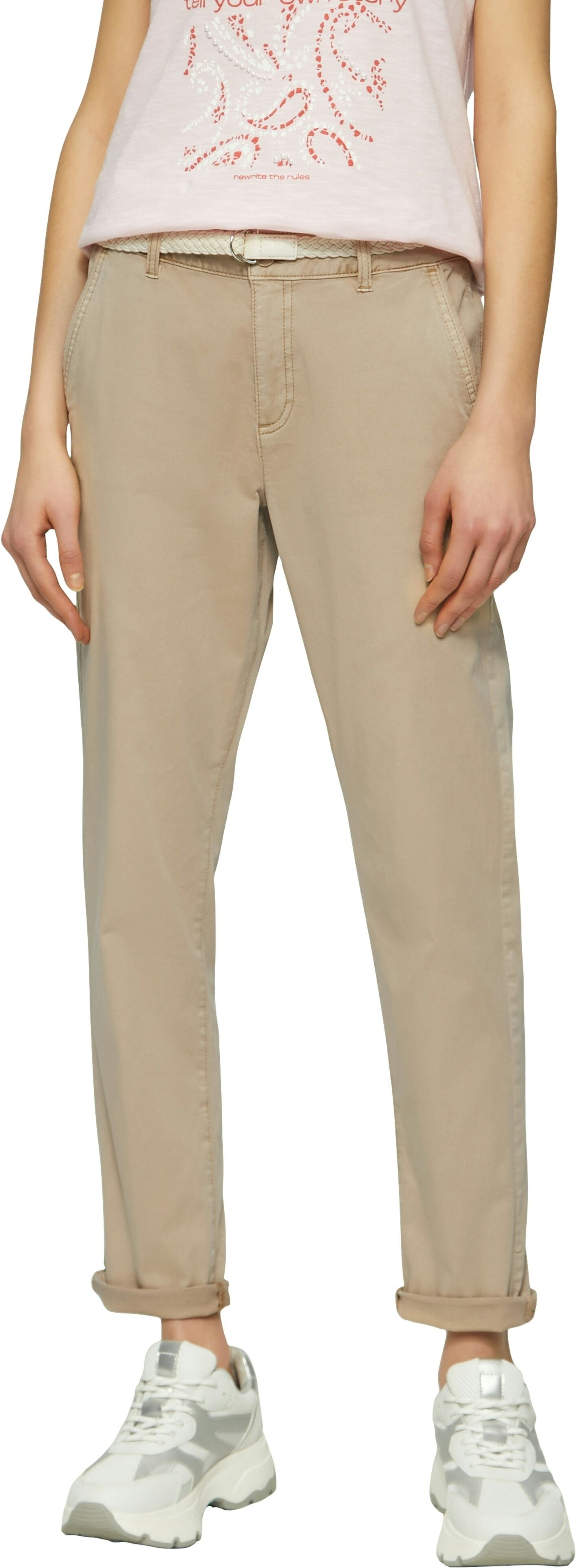 Chinohose S.OLIVER, Damen, Gr. 36, N-Gr, beige (sesame beige), Web, Obermaterial: 98% Baumwolle, 2% Elasthan, unifarben, lang, Hosen Chinohose, mit Gürtel sesame beige 36, N-Gr
