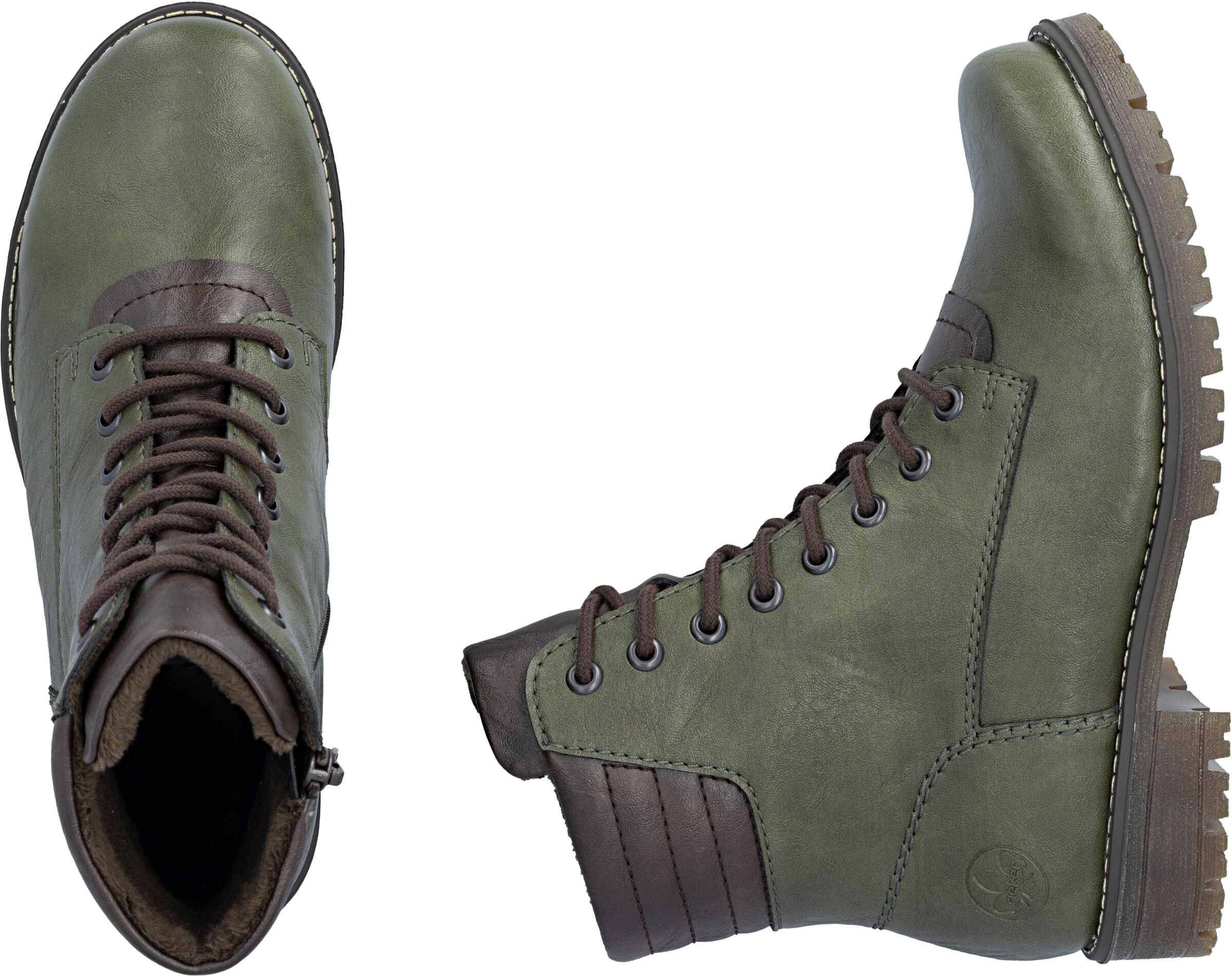 Schnürstiefelette RIEKER, Damen, Gr. 38, wärmend, grün, Lederimitat, Schuhe Schnürstiefelette, Schnürboots, Profilsohle, mit Blockabsatz