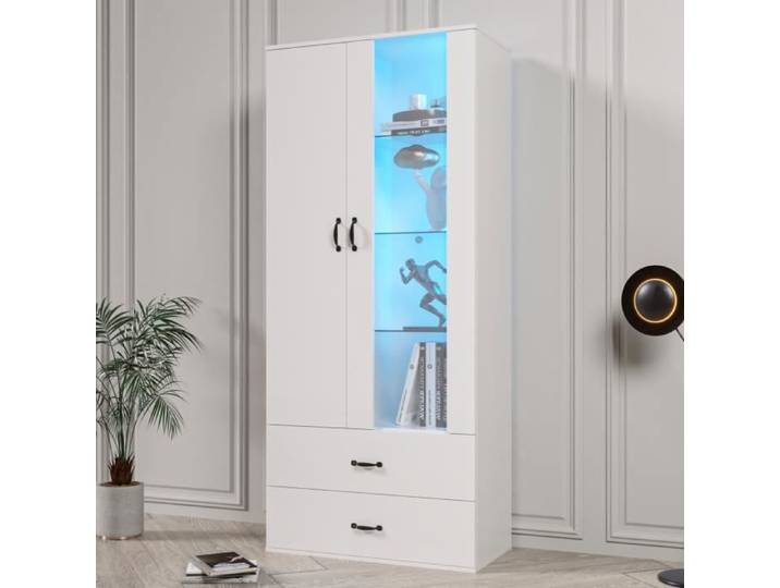 Vitrine - LEYTN - 59x35x182 cm - Bois brillant - Lumière LED - 2 portes 2 tiroirs