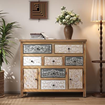 Loedds 7-Drawer Vintage Carved Accent Chest with 2 Cabinets, Colorful