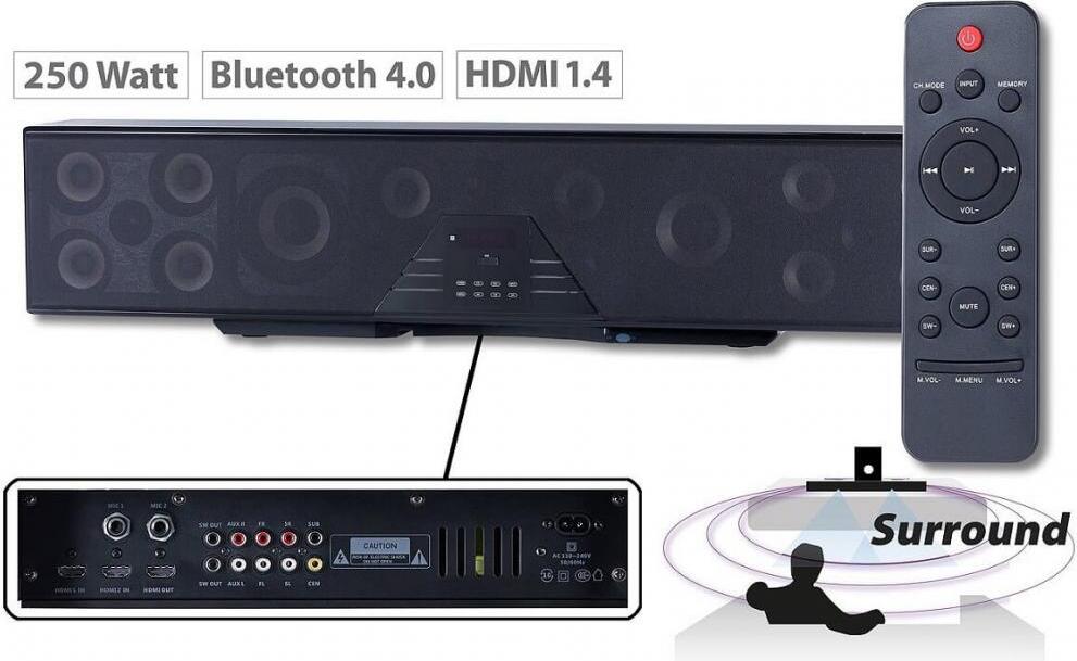 Auvisio 6-Kanal-3D-Soundbar 5.1-Surround-Sound Bluetooth 4.0, HDMI, 250 Watt, Lautsprecher Bar