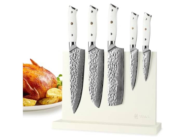 Wakoli Perle Blanche Damastmesser-Set mit Messerblock, 5-teilig, G10-Griffe 9 bis 20 cm Klingen, 67 Lagen Damaststahl mit VG10-Kern, weiße G10-Griffe, 15° V-Schliff für Fleisch, Fisch, Gemüse und Obst.