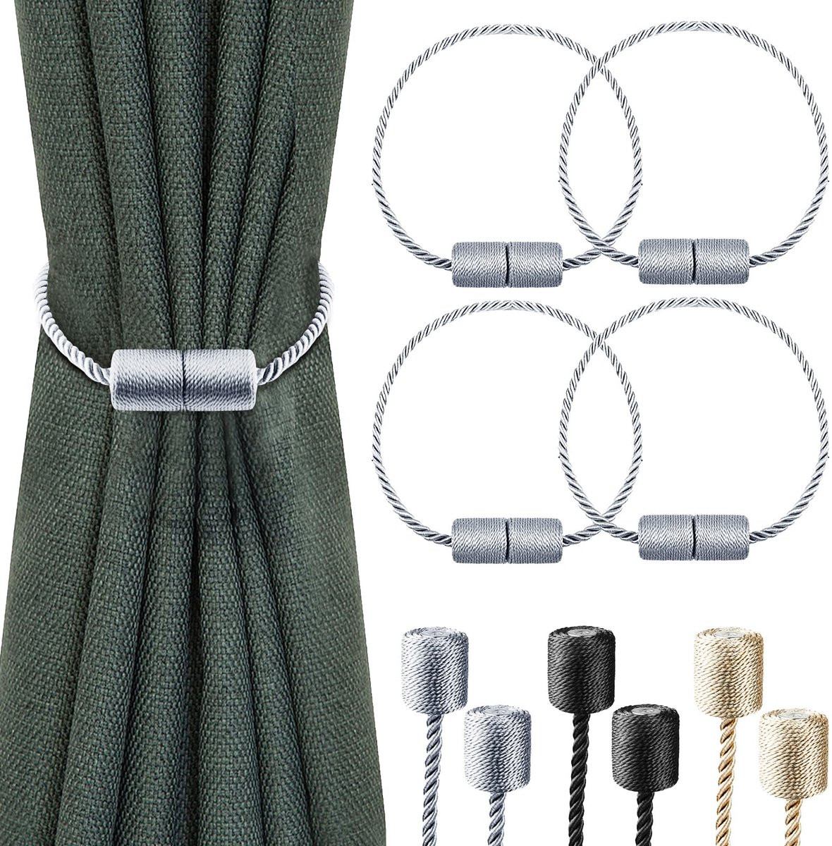 4 stuks magnetische gordijnhouders met decoratieve holdbacks, grijs