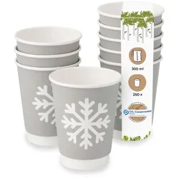 BIOZOYG 250 Stück Trinkbecher Einwegbecher, Pappbecher, 300ml / 12oz, Winterdesign mit Schneeflocken, doppelwandig für heiße Getränke, kompostierbar