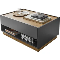 COUCHTISCH grau matt, Eiche Wotan 90 x 60 cm, Wohnzimmertisch mit Stauraum